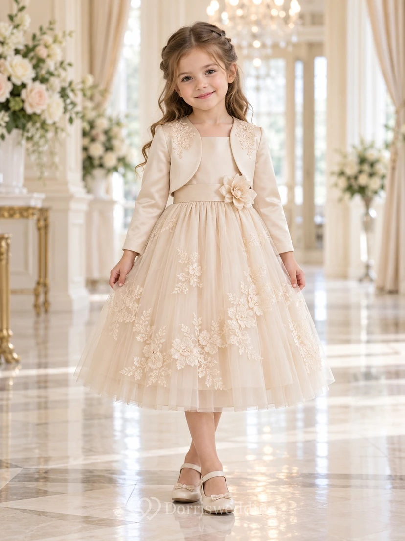 Teelanges champagnerfarbenes Blumenkleid in A-Linie aus Tüll-Satin mit Bolero und Dreiviertelärmeln, blumengemusterter Taille und Blumenapplikationen für Blumenmädchen