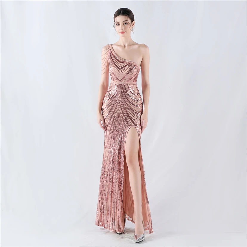 Positioning Flower Beaded Craft Beaded One-Shoulder Oblique Collar High Slit Evening Dress view 11
