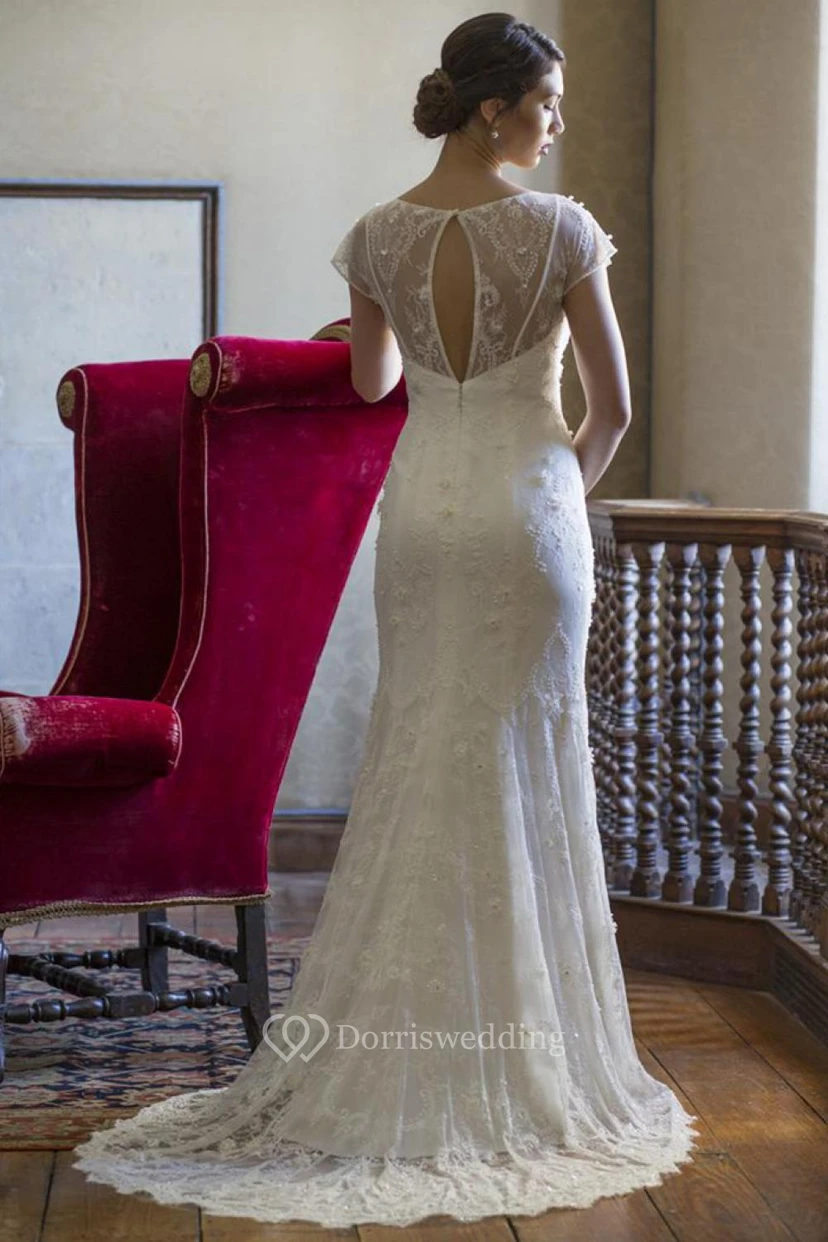 Sheath V-Neck Floor-Length Cap-Sleeve Lace Wedding Dress With Appliques And Keyhole view 2