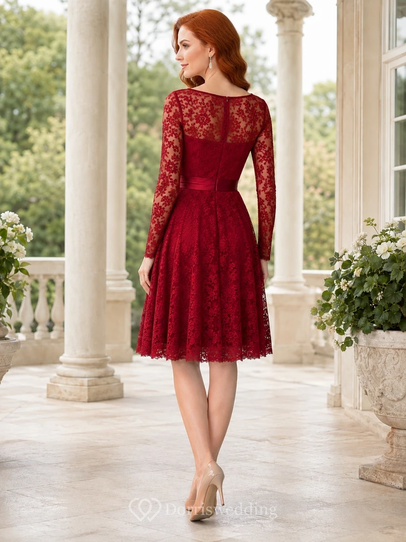 Burgunderfarbenes, formelles Kleid aus Spitze mit V-Ausschnitt, langen Ärmeln, A-Linie und Teelänge view 2