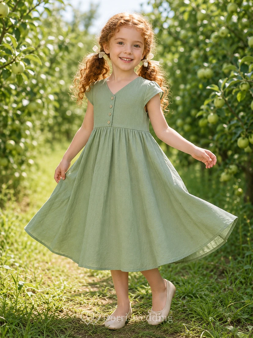 Blumenmädchenkleid aus salbeifarbenem Satin, A-Linie, Rundhalsausschnitt, Teelänge, Schleifendetail