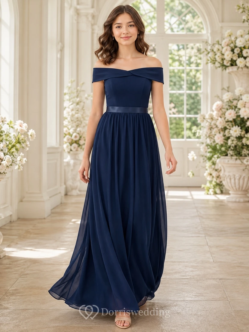 Dark Navy Junior Bridesmaid Dress A-Line Off-the-shoulder Short Sleeve Elegant