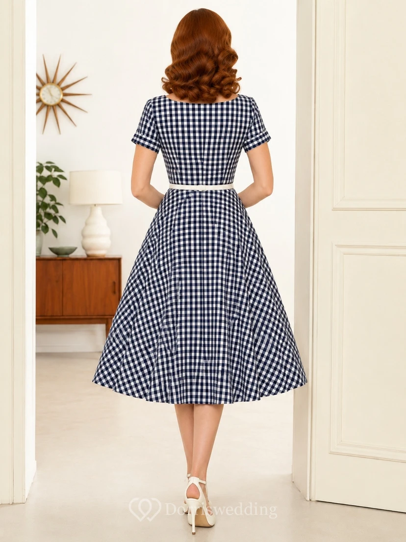 Vintage Gingham Square-Neck Short-Sleeve A-Line Tea-Length Occasion Dress view 2
