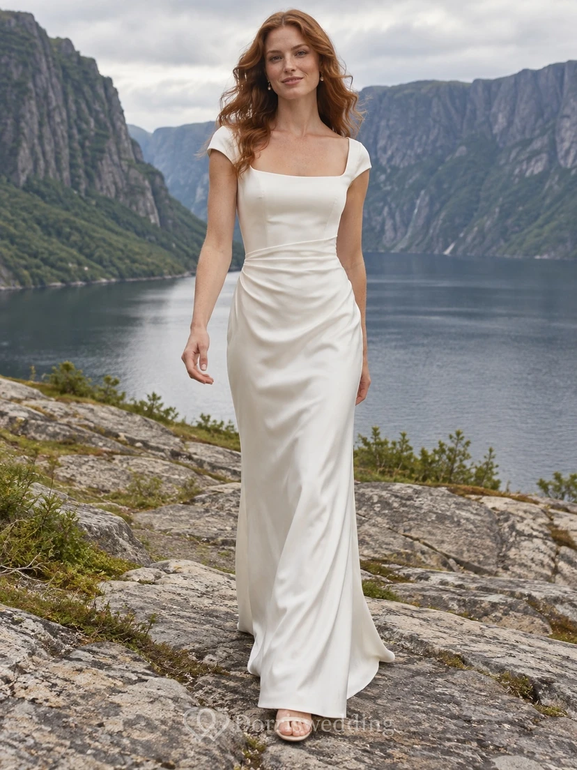 Square-Neck Short-Sleeve Charmeuse Wedding Dress with Back Vent and Sheath Skirt
