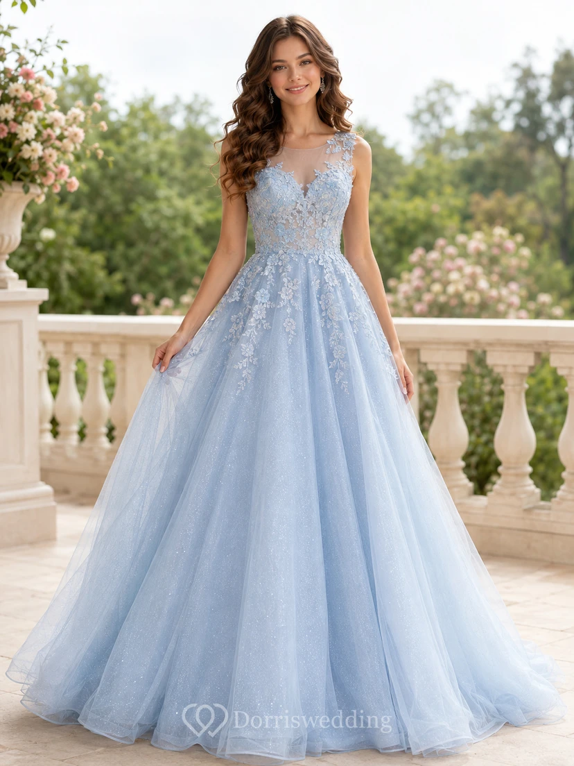 Sky Blue Beaded Tulle Prom Ball Dress