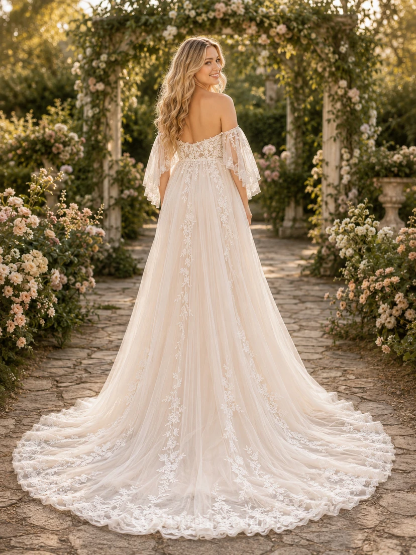 Vestido de novia premamá con hombros descubiertos, encaje, tul, estilo jardín, mangas con volantes y cola de corte. view 2