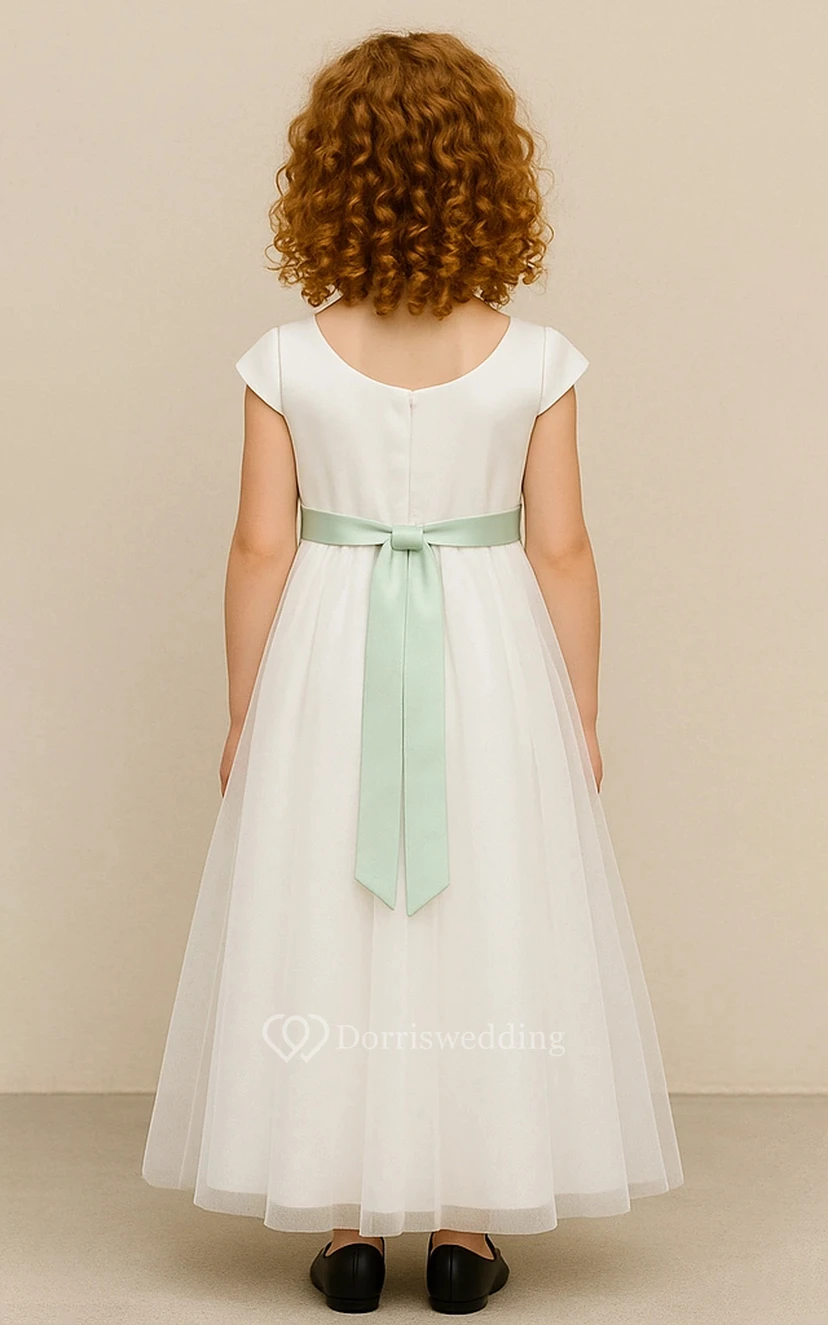 Scoop-neck Cap White Ankle-length Flowergirl Dress view 2