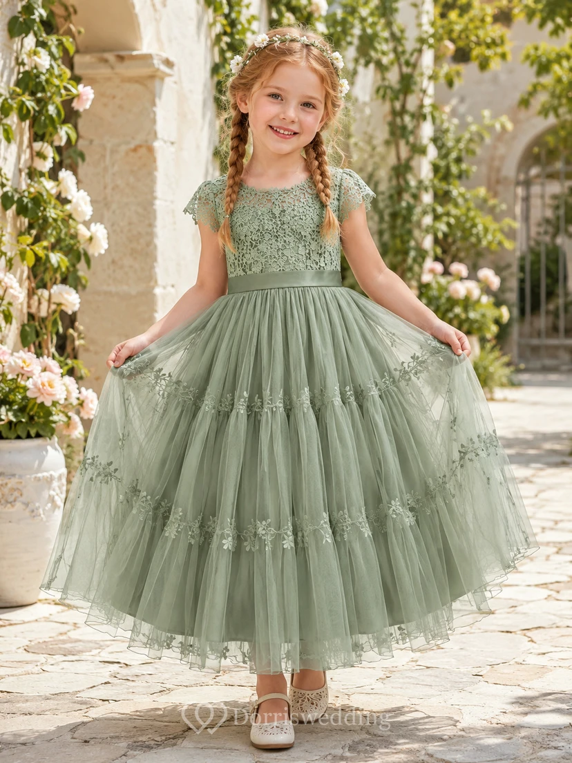 Stufenkleid aus Tüll für Blumenmädchen mit Spitzenoberteil