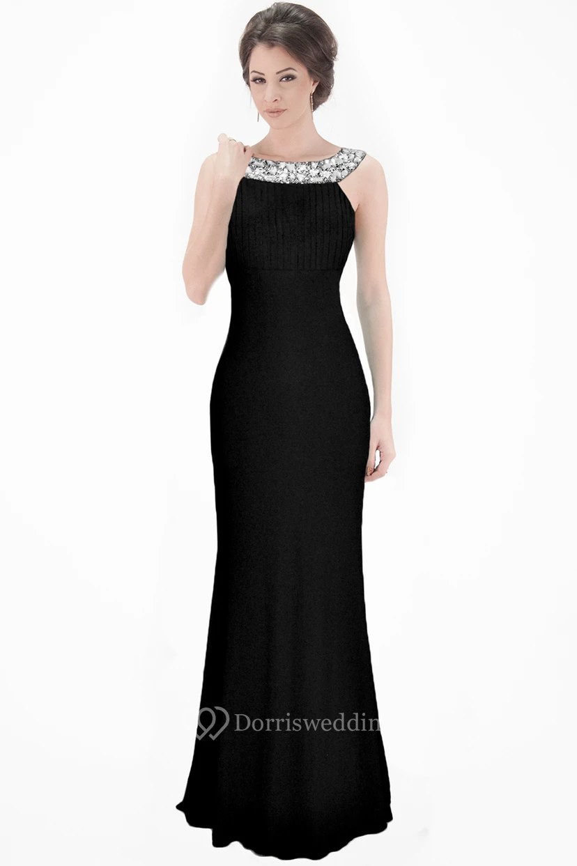 Beaded Sleeveless Jewel Neck Chiffon Evening Dress With Brush Train