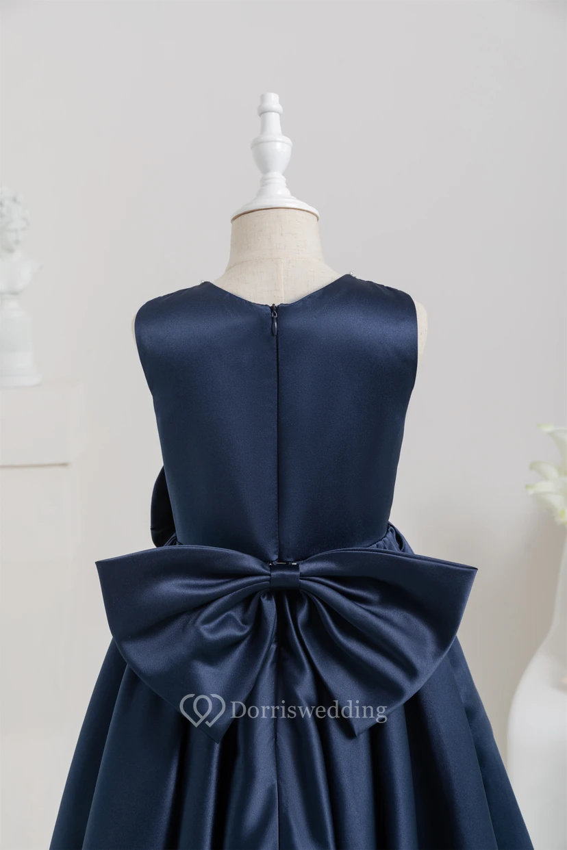 Jewel Satin Short A-line Bowed Dark Navy Flowergirl Dress view 4