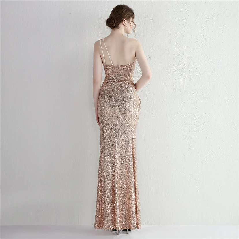 Sequined One-Shoulder Celebrity Cold Banquet Slit Long Sequin Aura Queen Dinner Fishtail Dress view 51
