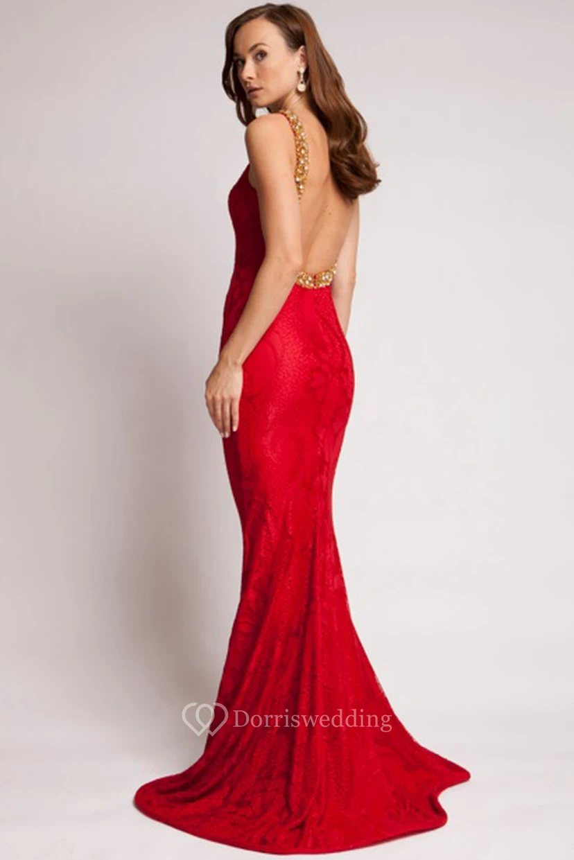 Sheath Floor-Length Beaded Sleeveless Scoop Lace Prom Dress With Backless Style And Appliques view 2