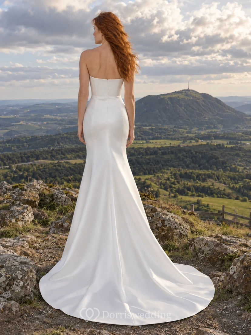 Vestido de novia sencillo de satén sin tirantes estilo sirena, largo hasta el suelo, con cola y cintura natural. view 2