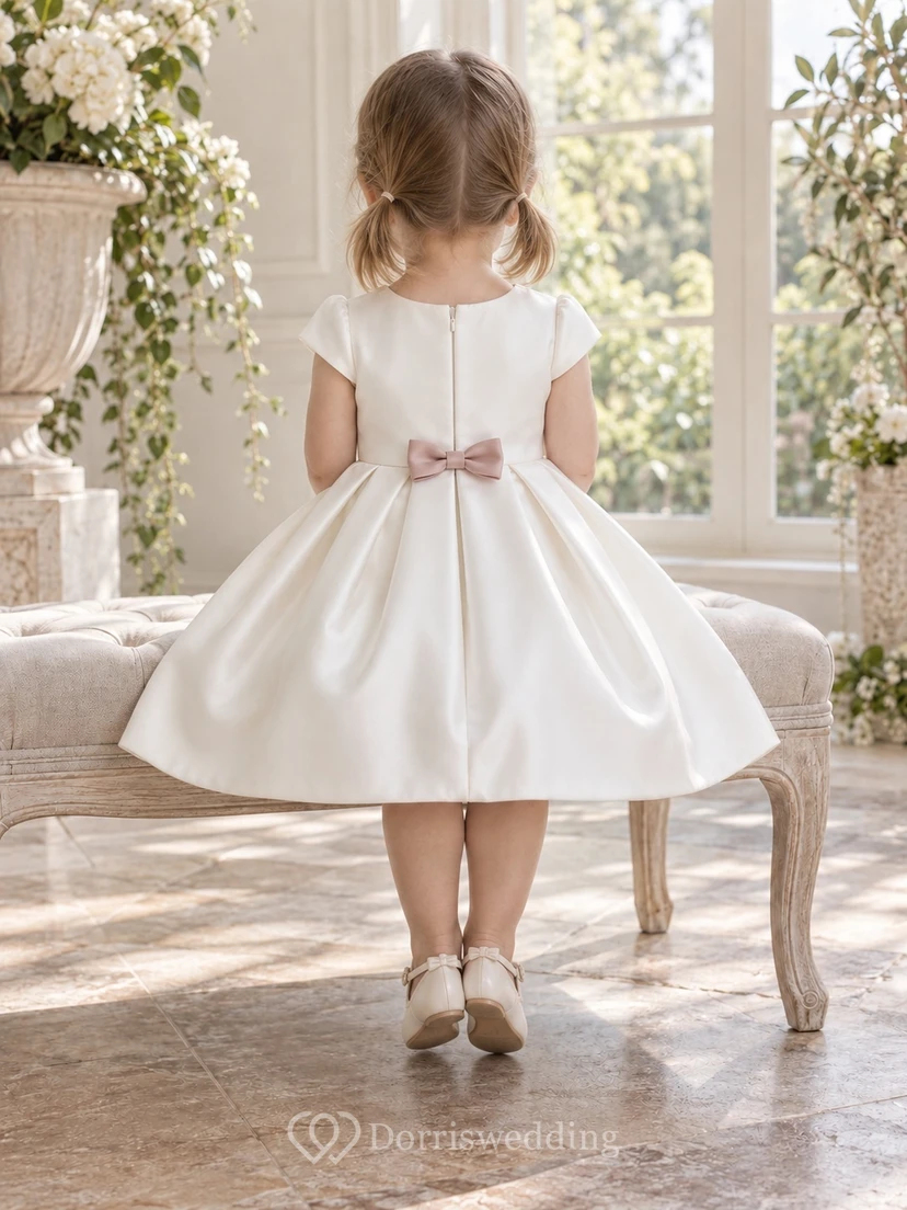 Simple Modest Ivory Knee Length Cap Sleeve Compact Rose Bow Flared Flower Girl Dress view 2