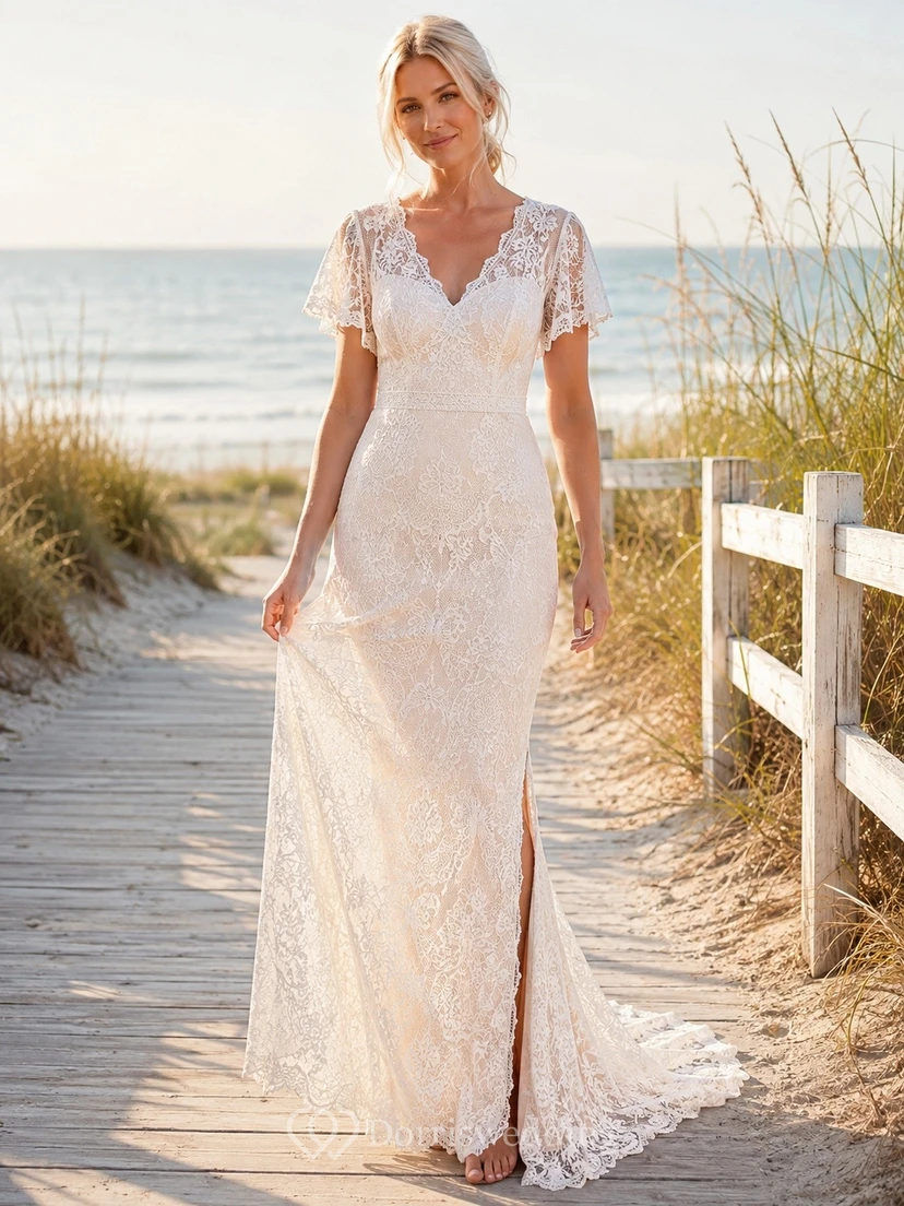 Bridal Lace V-neck Short Sleeve A-Line Sweep Train Formal Gown