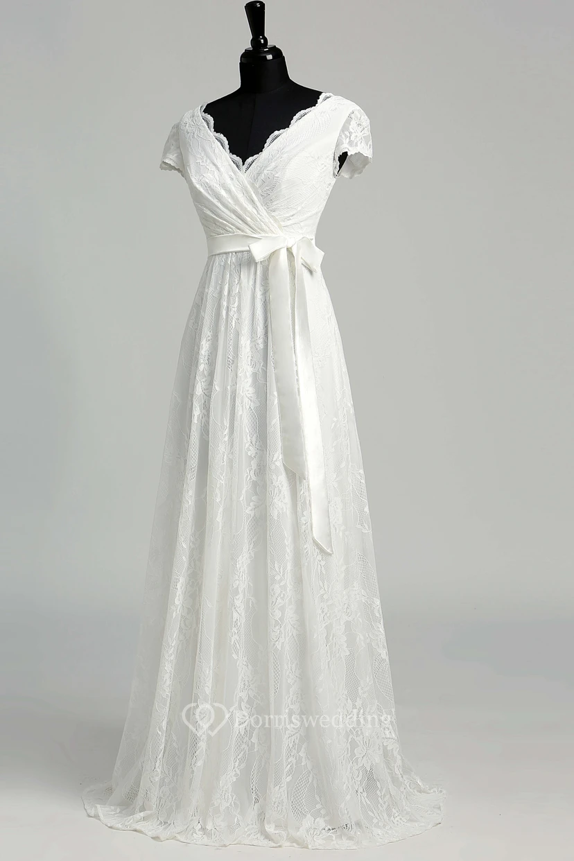 A Line Garden Cap Short Sleeve Wedding Dress view 7