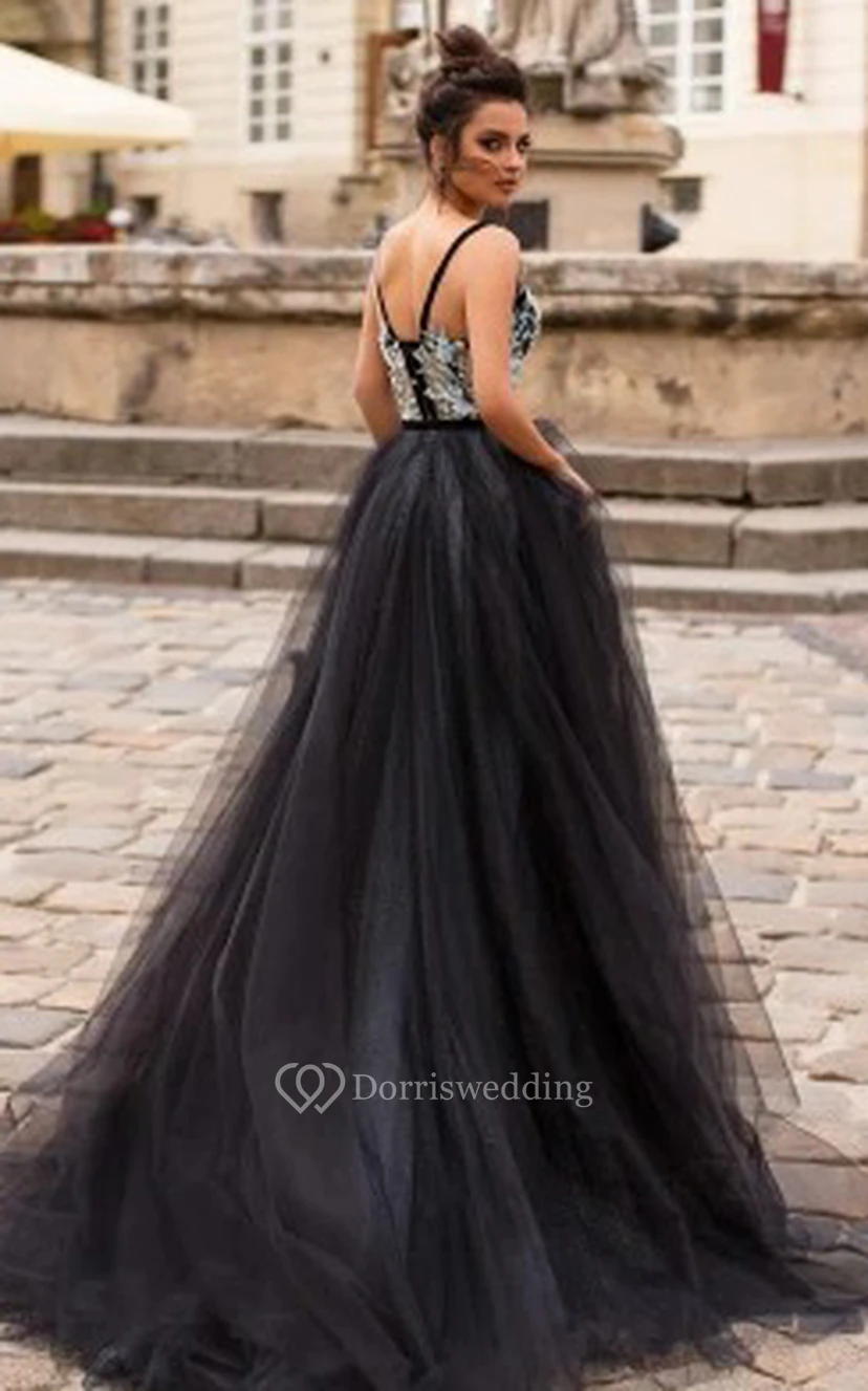 Vestido de fiesta informal de corte A con escote en V, tul, largo hasta el suelo, sin mangas y con apliques. view 2