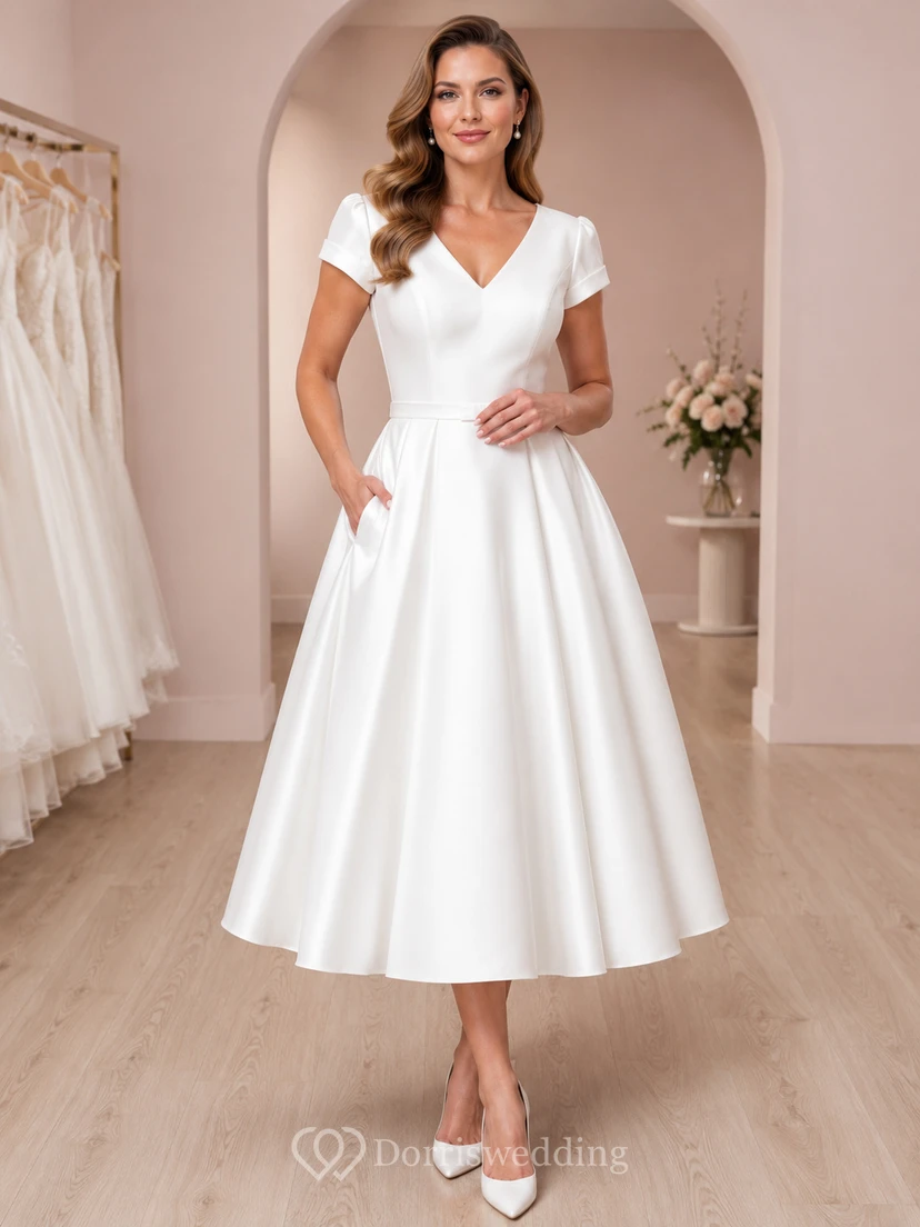 1950s Tea-Length V-Neck Cap Sleeve Satin Courthouse Vintage Wedding Dress