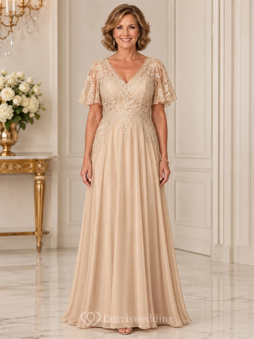 Champagne Low V Back Mother Gown Champagne V-neck A-Line Floor-length