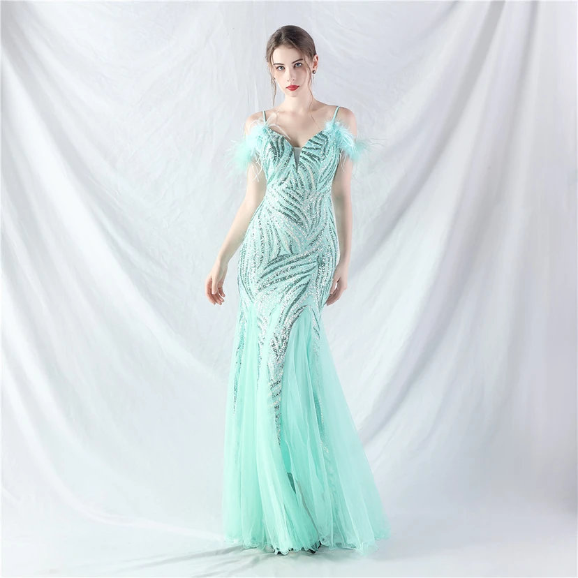 Crafted Ostrich Feather Stacked Sequins Splicing Mesh Gauze High-End Evening Dress Clothes view 84