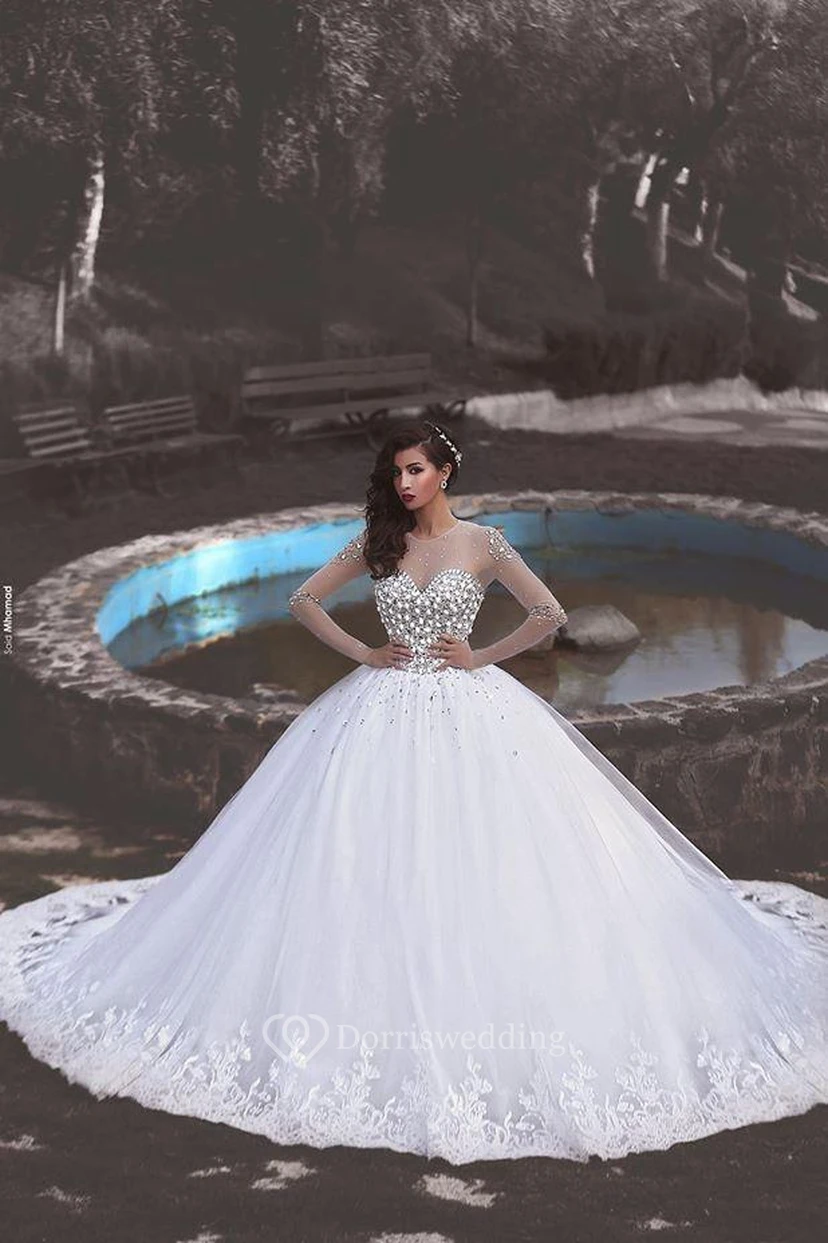 Newest Crystals Tulle Lace Illusion Princess Wedding Dress Long Sleeve Ball Gown