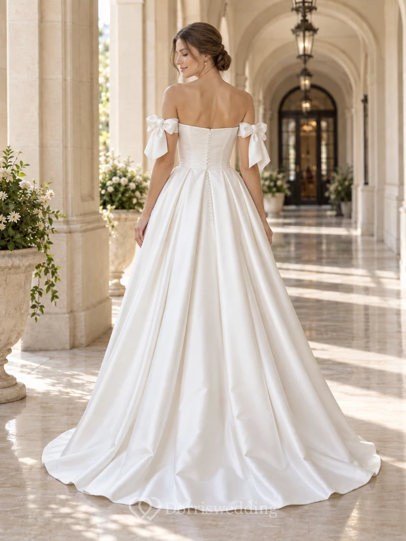 Simple Off Shoulder A-Line Ribbon Bow Pleated Satin Flared Hem Sweeping Wedding Dress view 2