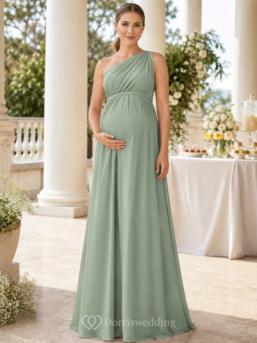 Vestido largo de gasa estilo imperio con un solo hombro y drapeado, color verde salvia, para embarazadas.
