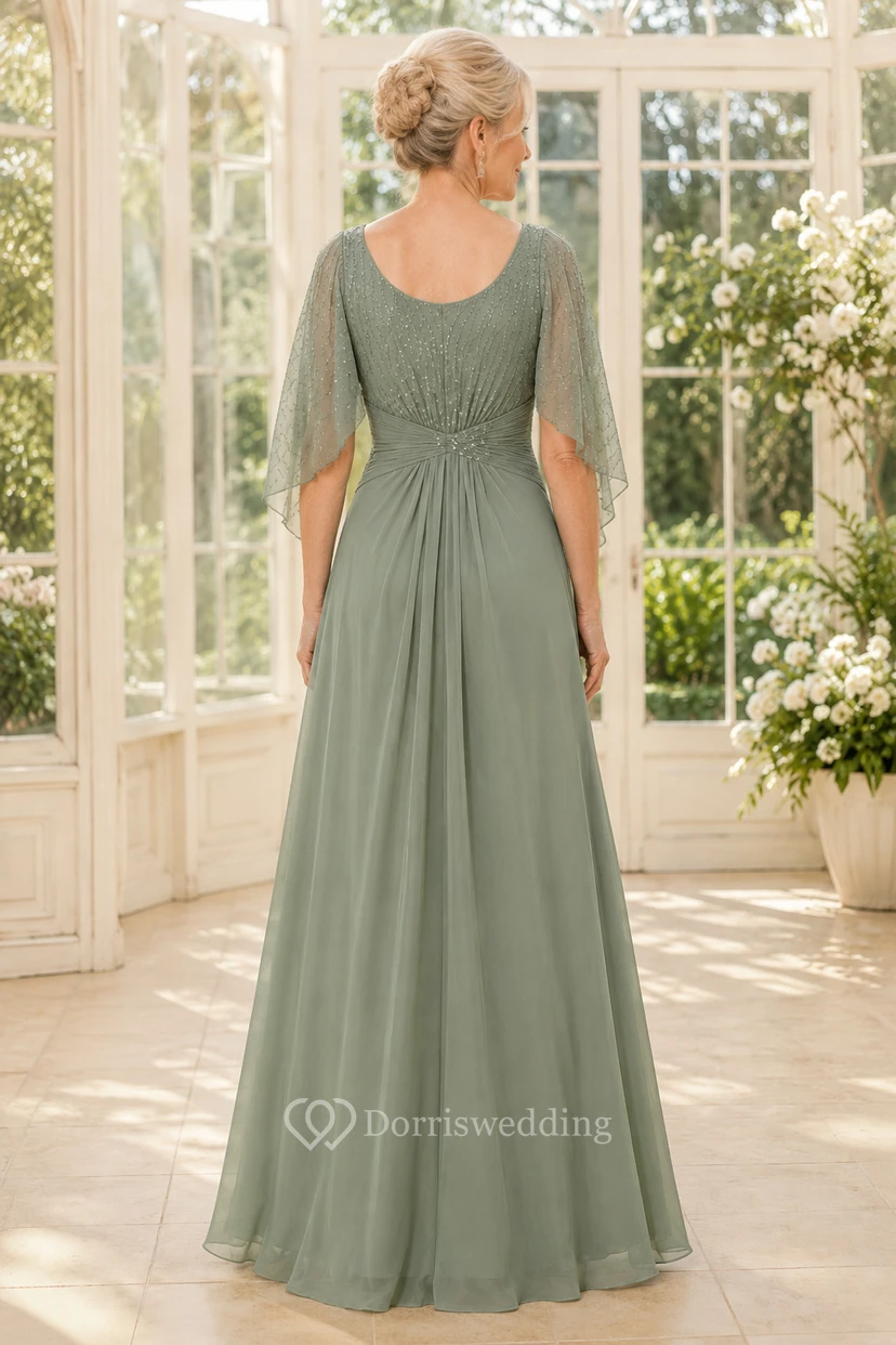 Salbeigrünes Chiffon-Kleid in A-Linie mit Volantärmeln view 2