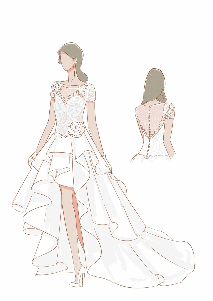 Brautkleid mit Illusion-Juwelenkragen, asymmetrischem Saum, Rüschen und T-Shirt-Ärmeln view 8