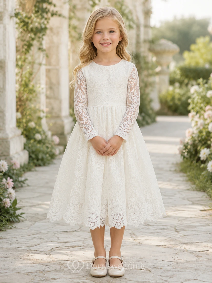 Robe de demoiselle d'honneur en dentelle ivoire et tulle, coupe trapèze, manches longues, col rond, longueur midi