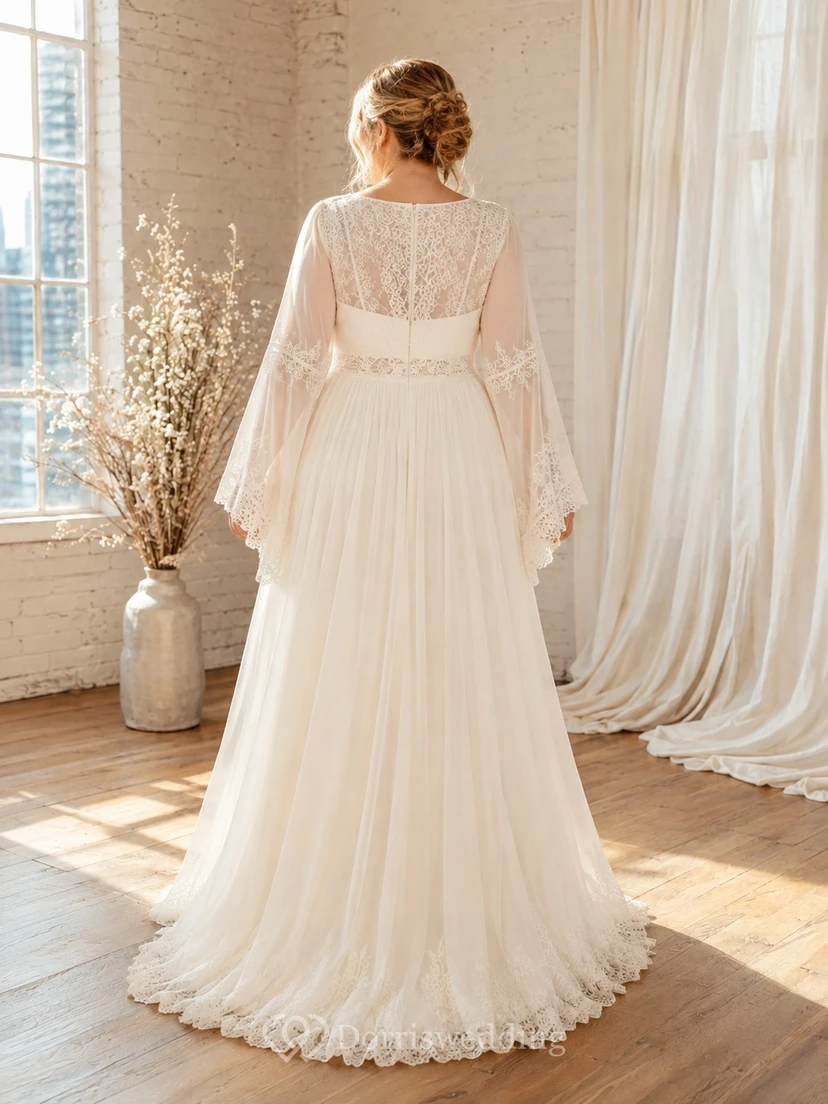 Plus Size Langarm-Chiffon-Empire-Brautkleid im Boho-Stil mit V-Ausschnitt und langen Ärmeln view 2