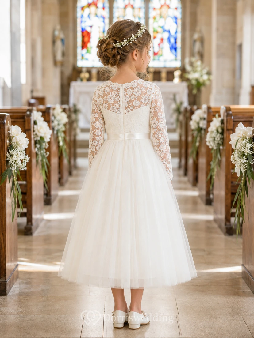 Flower Girl Dress Ivory Lace Tulle A-Line Long Sleeve Scoop Neck Tea Length view 2