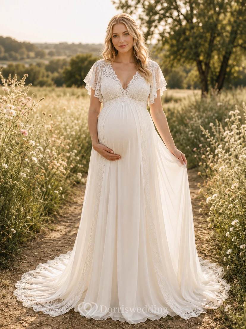 Umstandsbrautkleid mit V-Ausschnitt, flatternden Spitzenärmeln, Landhausstil und Schleppe