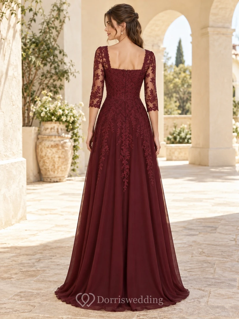 Robe de demoiselle d'honneur longue bordeaux western à col carré et manches trois-quarts en dentelle view 2