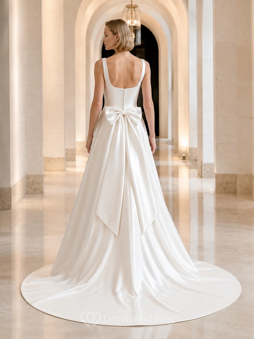 Robe de bal moderne en satin à col carré et nœud papillon, robe de mariée avec traîne chapelle view 2