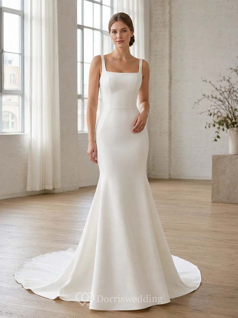 Robe de mariée sirène minimaliste en satin, col carré, sans manches, traîne chapelle, encolure carrée, sans manches.