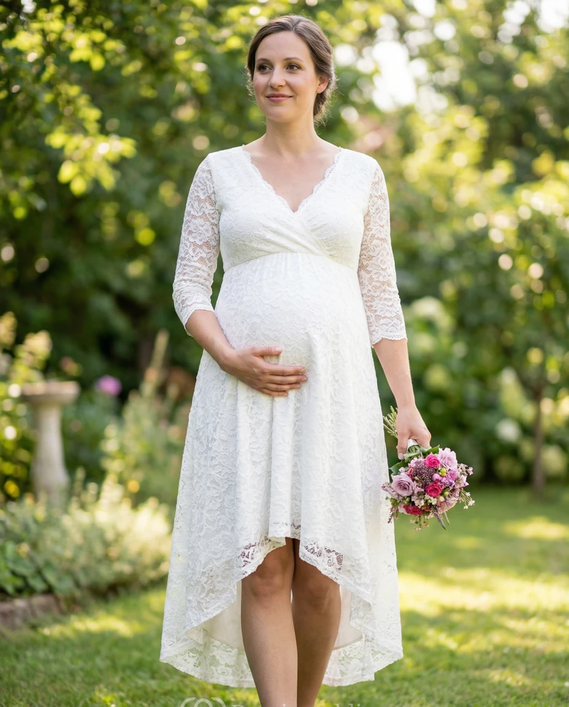 White Lace Maternity Wedding Dress with 3/4 Sleeves