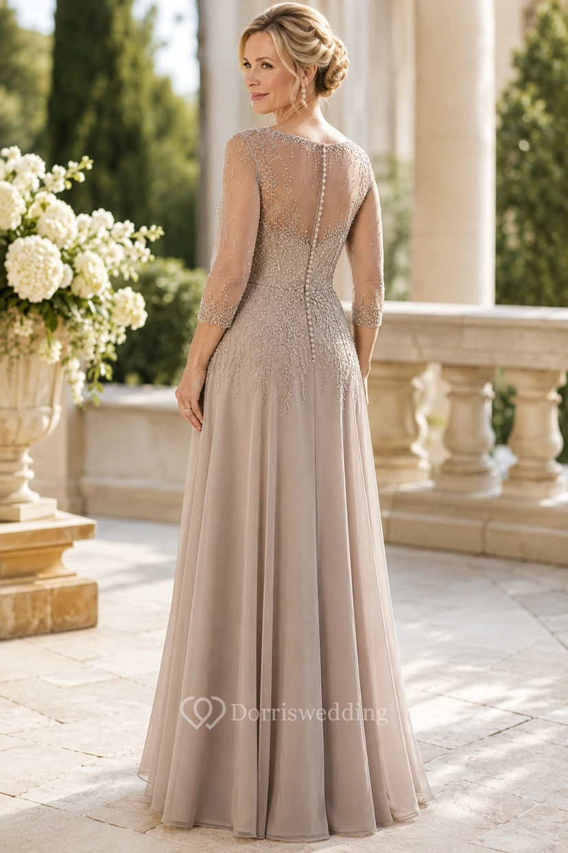 Taupe Chiffon A-Line Mother Dress With Lace Long Sleeves view 2