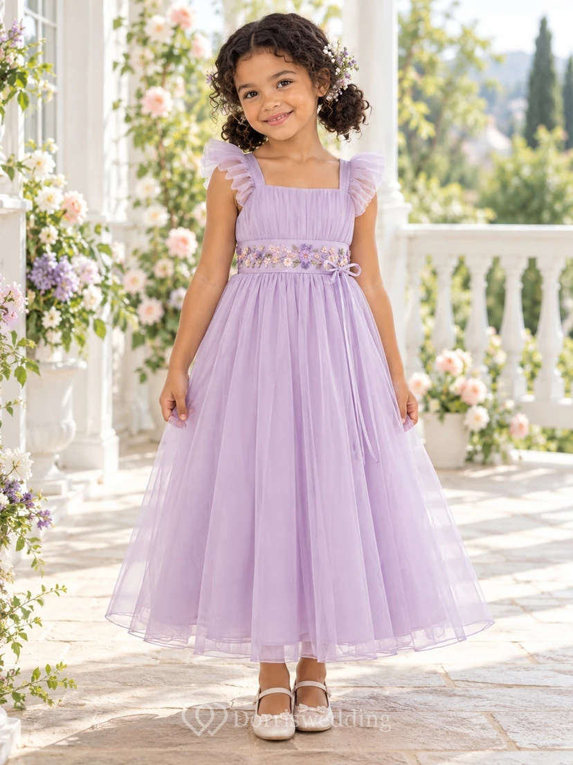 Lavender Square Neck Ruffle Strap Floral Waist Flower Girl Dress