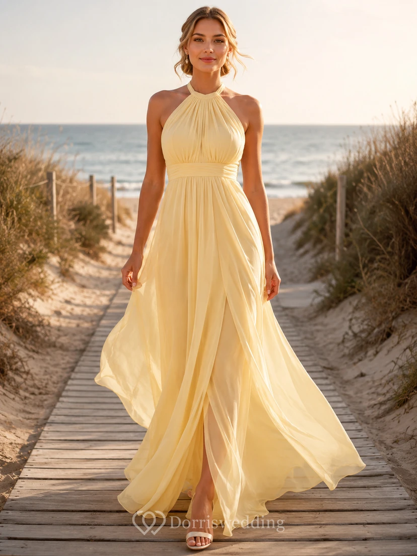 Vestido de novia de playa largo hasta el suelo, de gasa, color amarillo pálido, con cuello halter y escote en A.