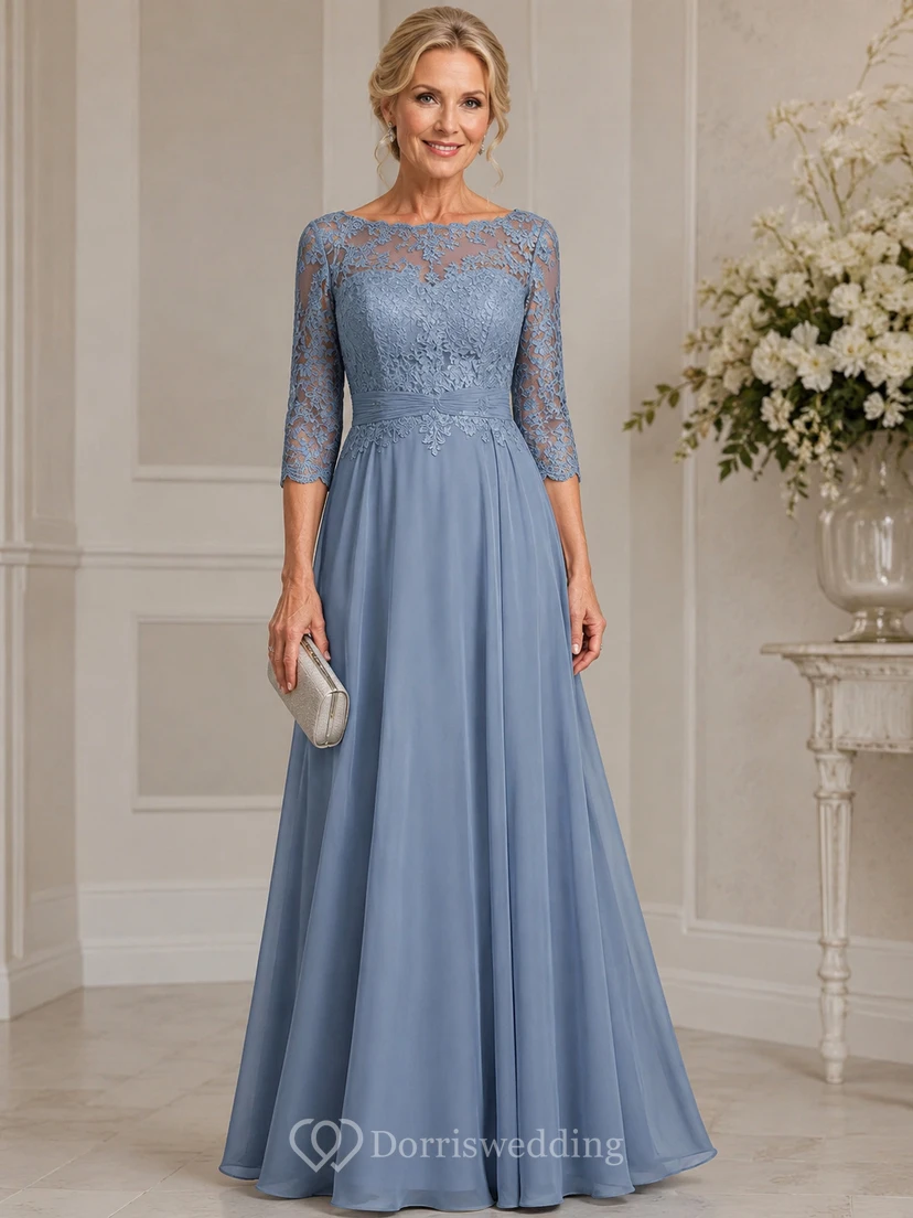 A-Line Bateau 3/4 Length Sleeve Chiffon Mother Dress with Lace