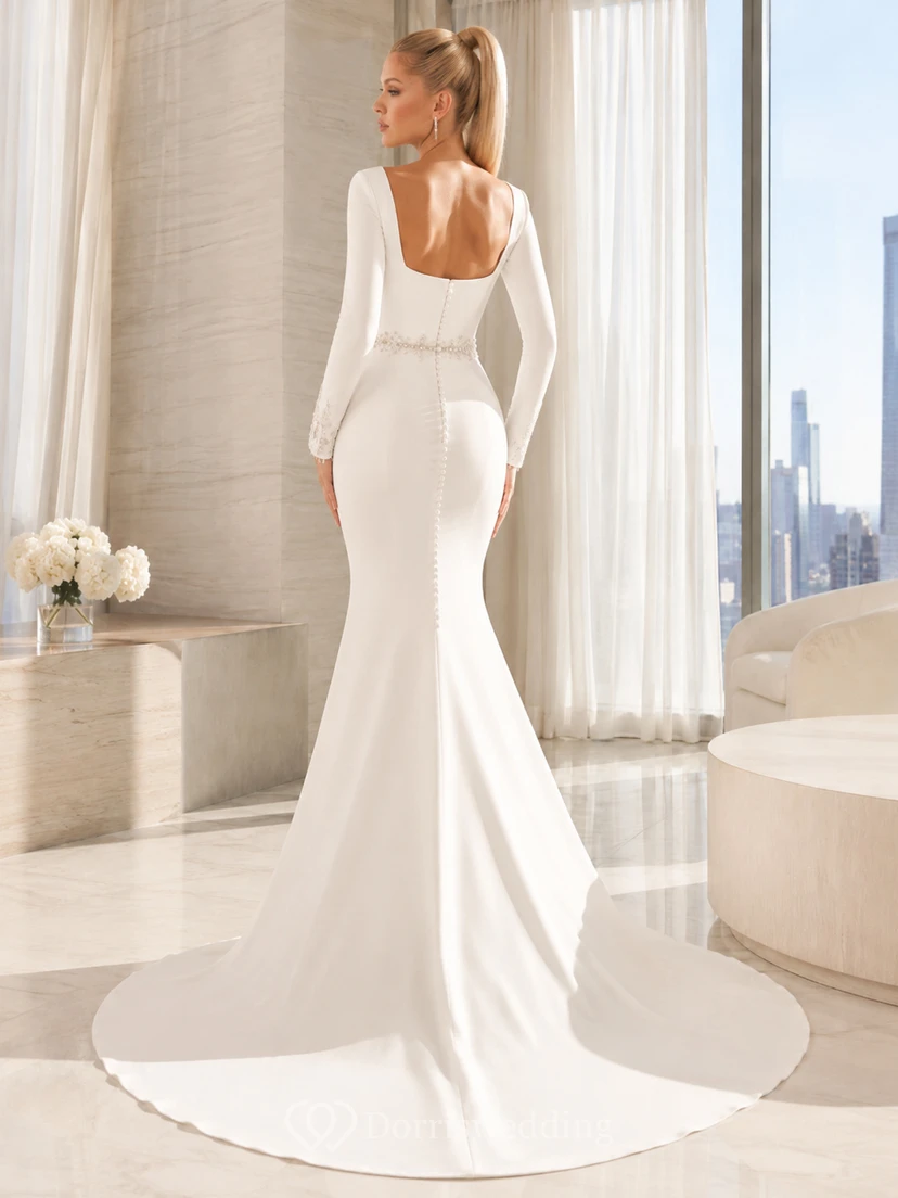Robe de mariée sirène minimaliste en satin, col carré, manches longues, traîne, col rond, manches longues, encolure carrée. view 2