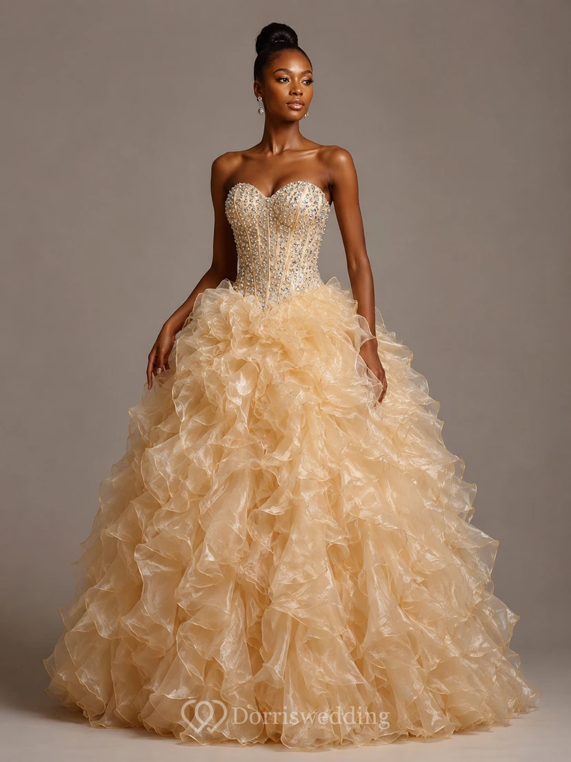 Ball Gown Floor-Length Bell Beading Ruffles Corset Back Lace Organza Dress view 5