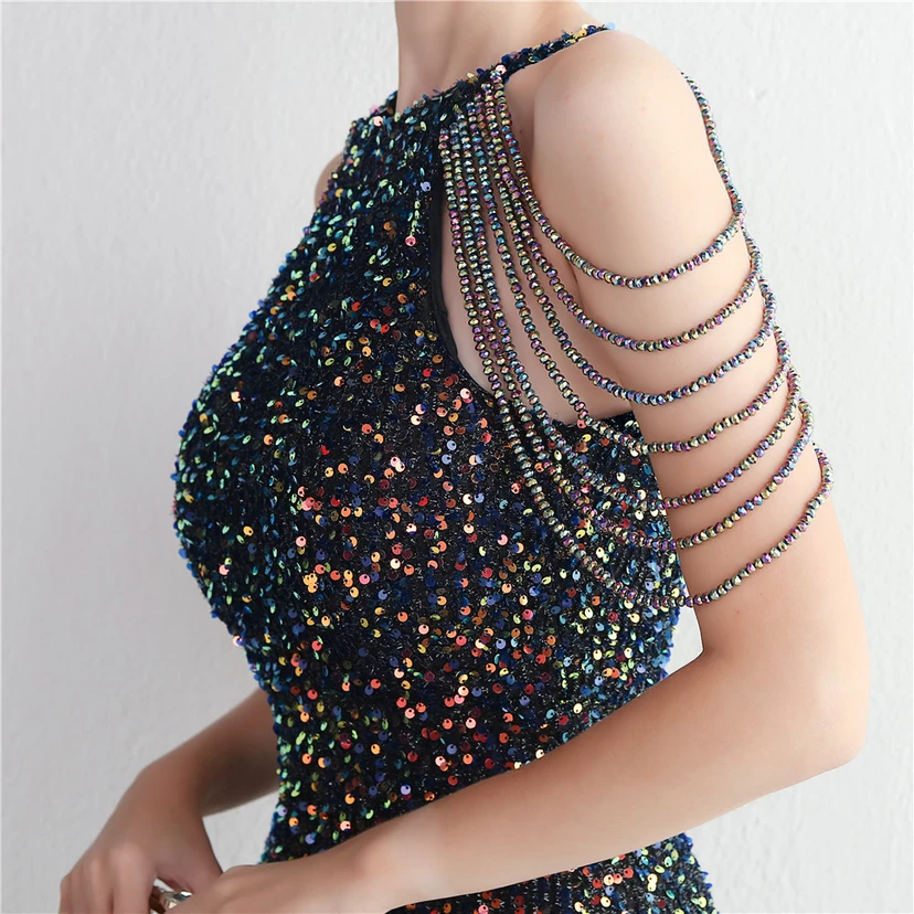 Heavy-Duty Glass Bead Craft Beaded Banquet Evening Dress Temperament Elegant Long Halter Neck Slit Sequins view 59