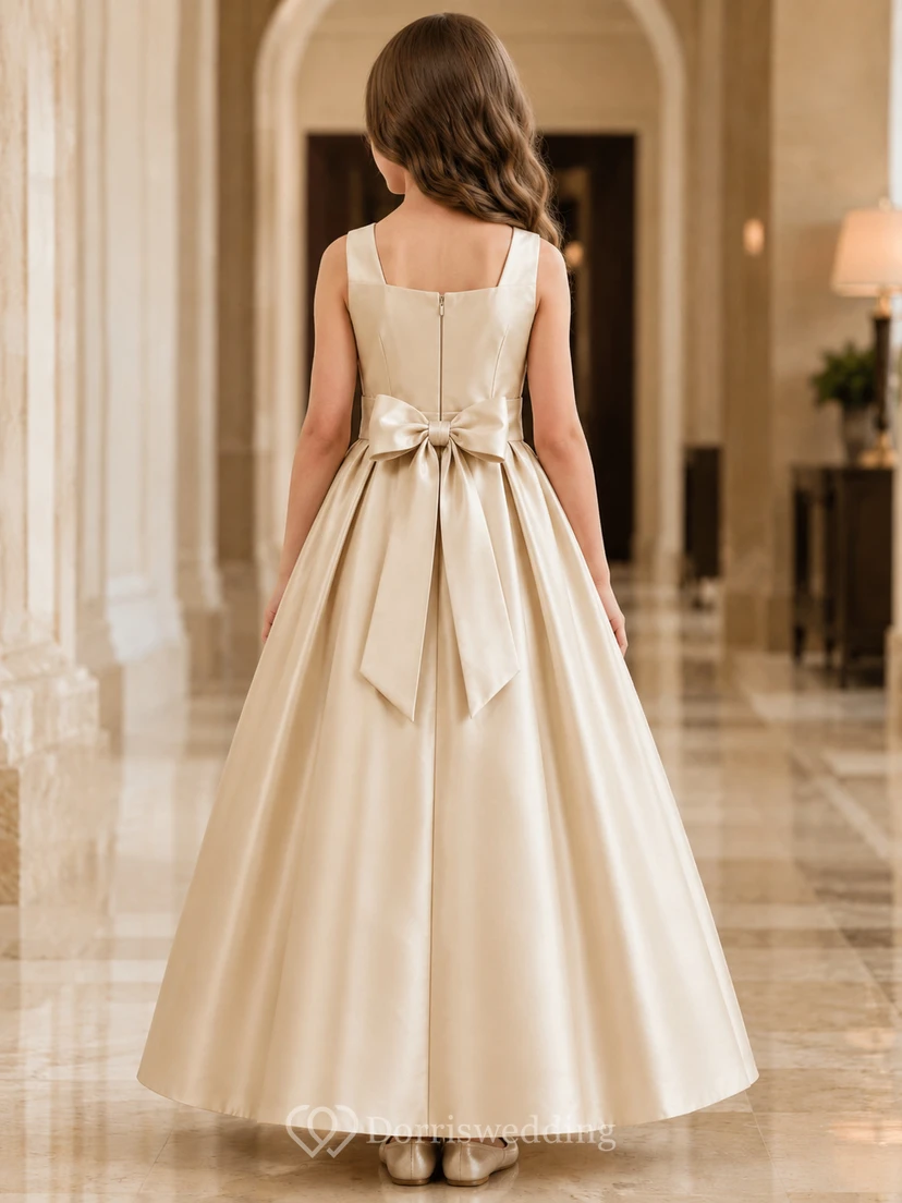 Robe de demoiselle d'honneur sans manches en satin champagne, coupe trapèze, encolure bijou et jupe longue ornée d'un nœud. view 2