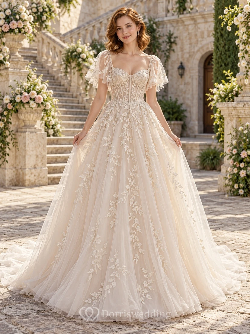 Romantic Flutter Sleeve Scalloped Leaf Corset Full A-line Wedding Dress