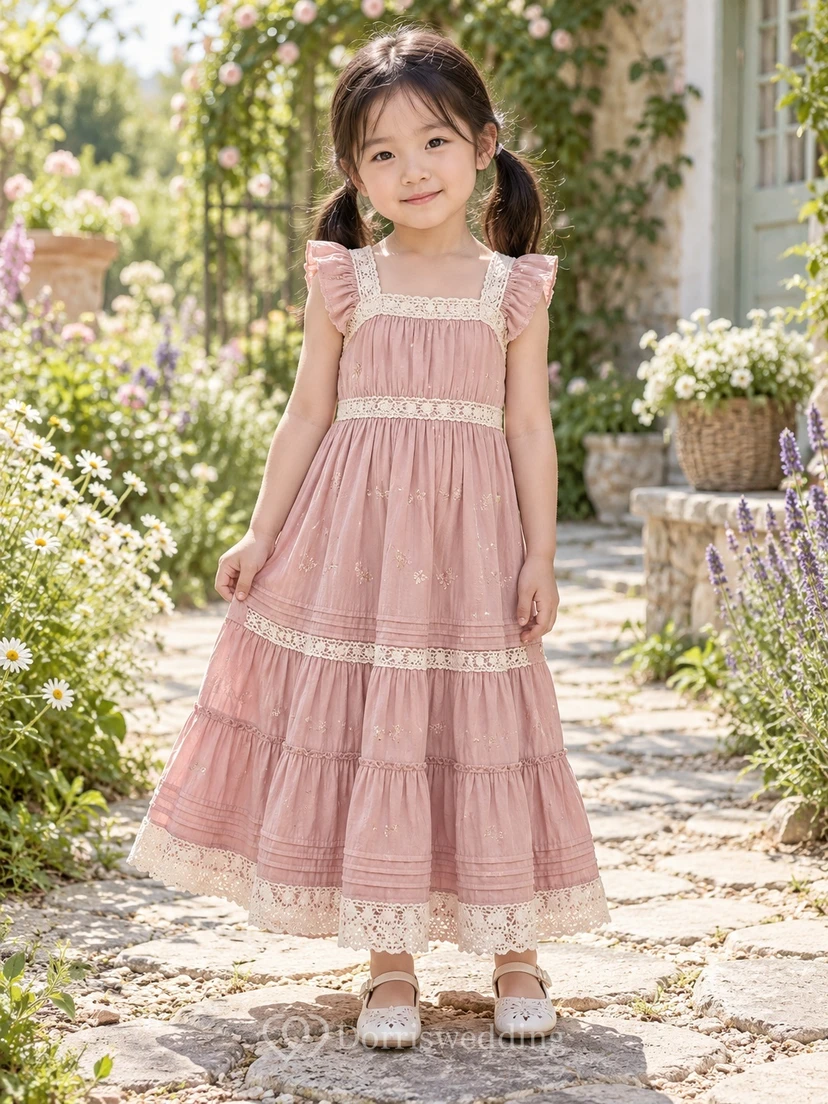Boho Tea-length Square-Neck Pink Summer A-line Ruffle-sleeve Lace-trimmed Flower Girl Dress