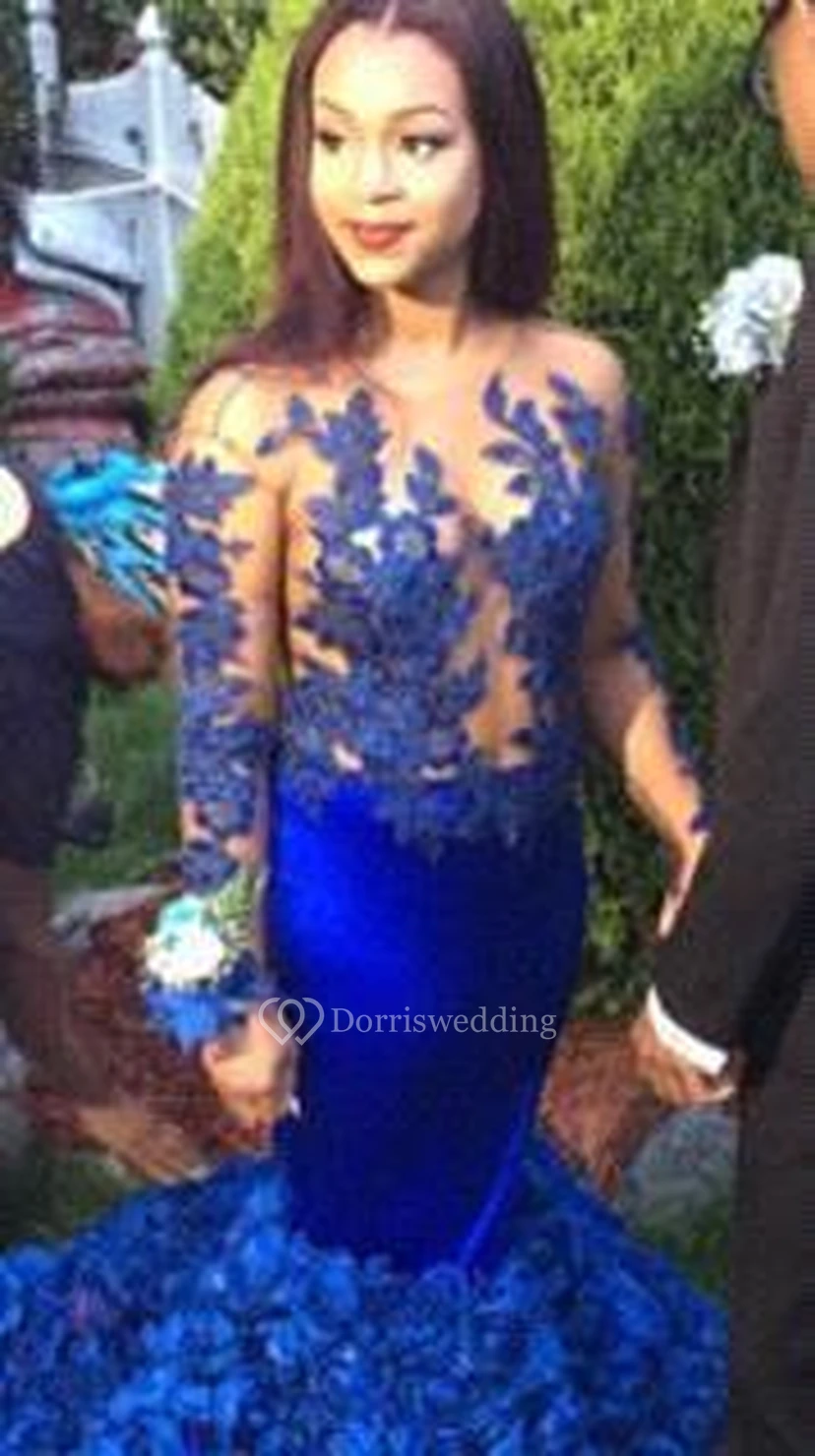 Vestidos de fiesta modernos de manga larga en azul marino estilo sirena para mujer. view 4