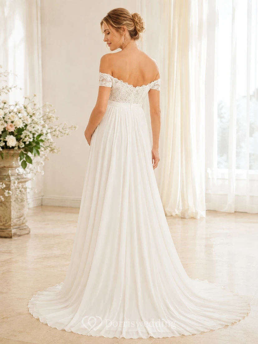 Brautkleid aus Chiffon mit schulterfreiem, kurzem Ärmel, A-Linien-Schnitt, bodenlang und plissiert – auch für Schwangere geeignet view 2