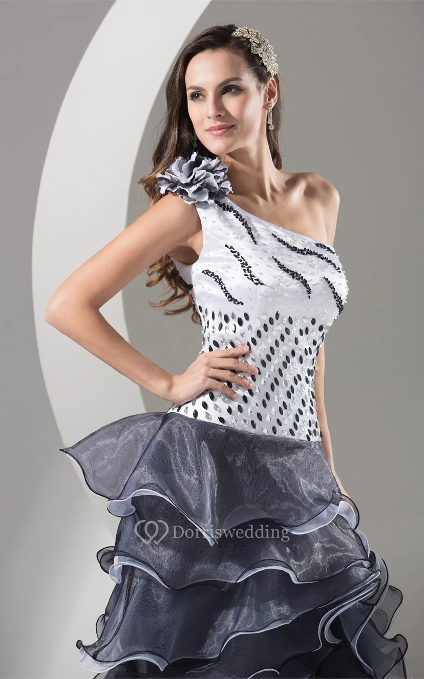 Flowered One Shoulder Floor Length A-Line Sleeveless Gown With Cascading Ruffles and Sequins view 5